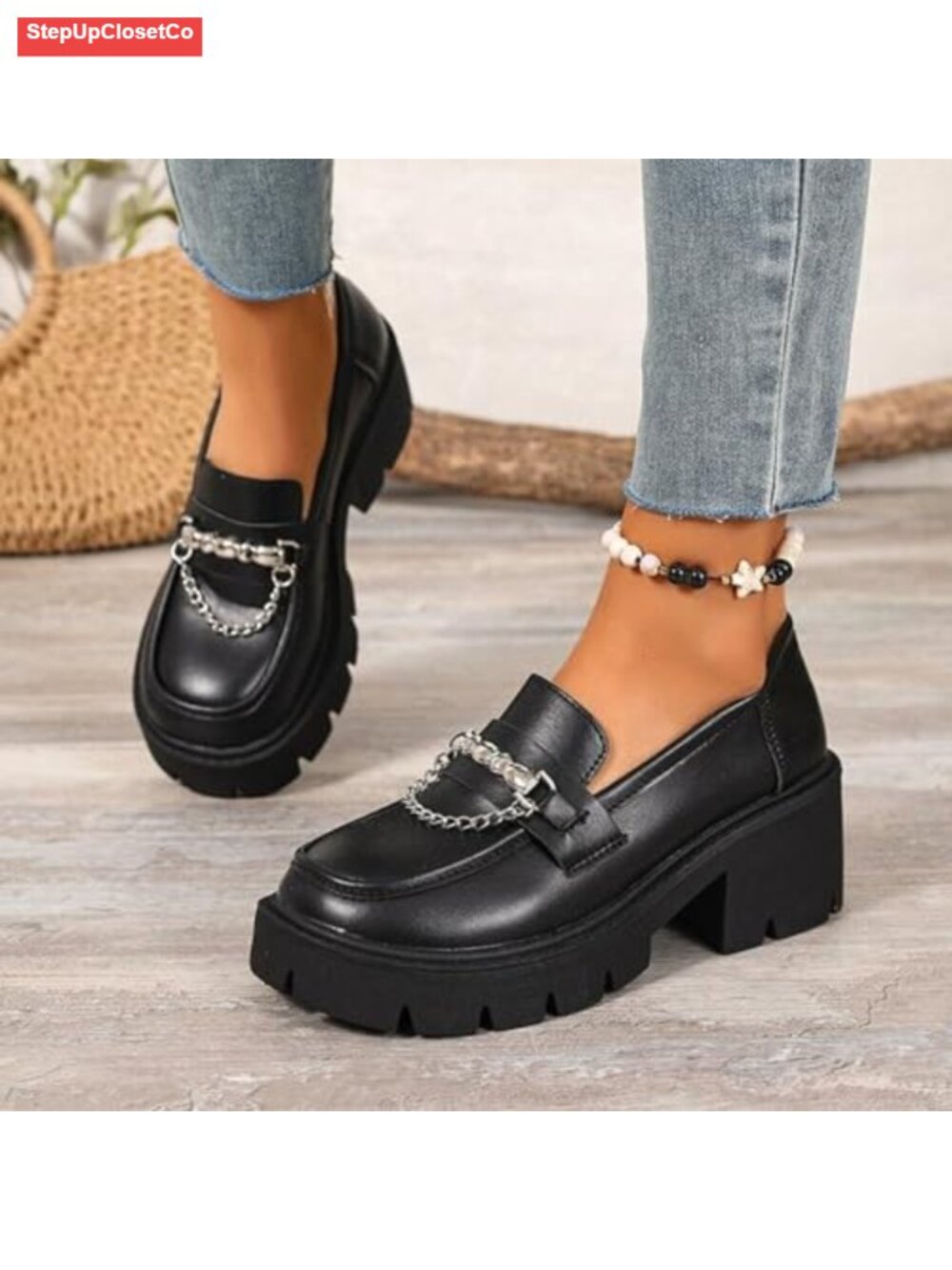 Women's Chain Chunky Heel Platform Loafers Lightweight Anti-Slip Lug Sole - Picture 4 of 6